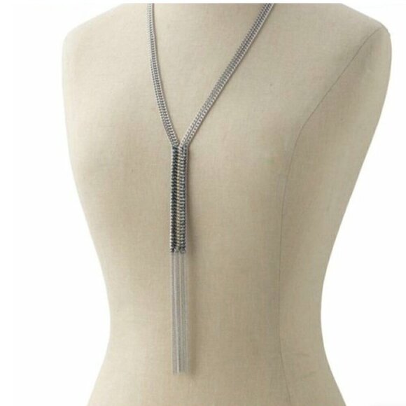Stella & Dot Tessa Silver Fringe Necklace Double Chain with Long Tassel Pendant - Picture 3 of 7
